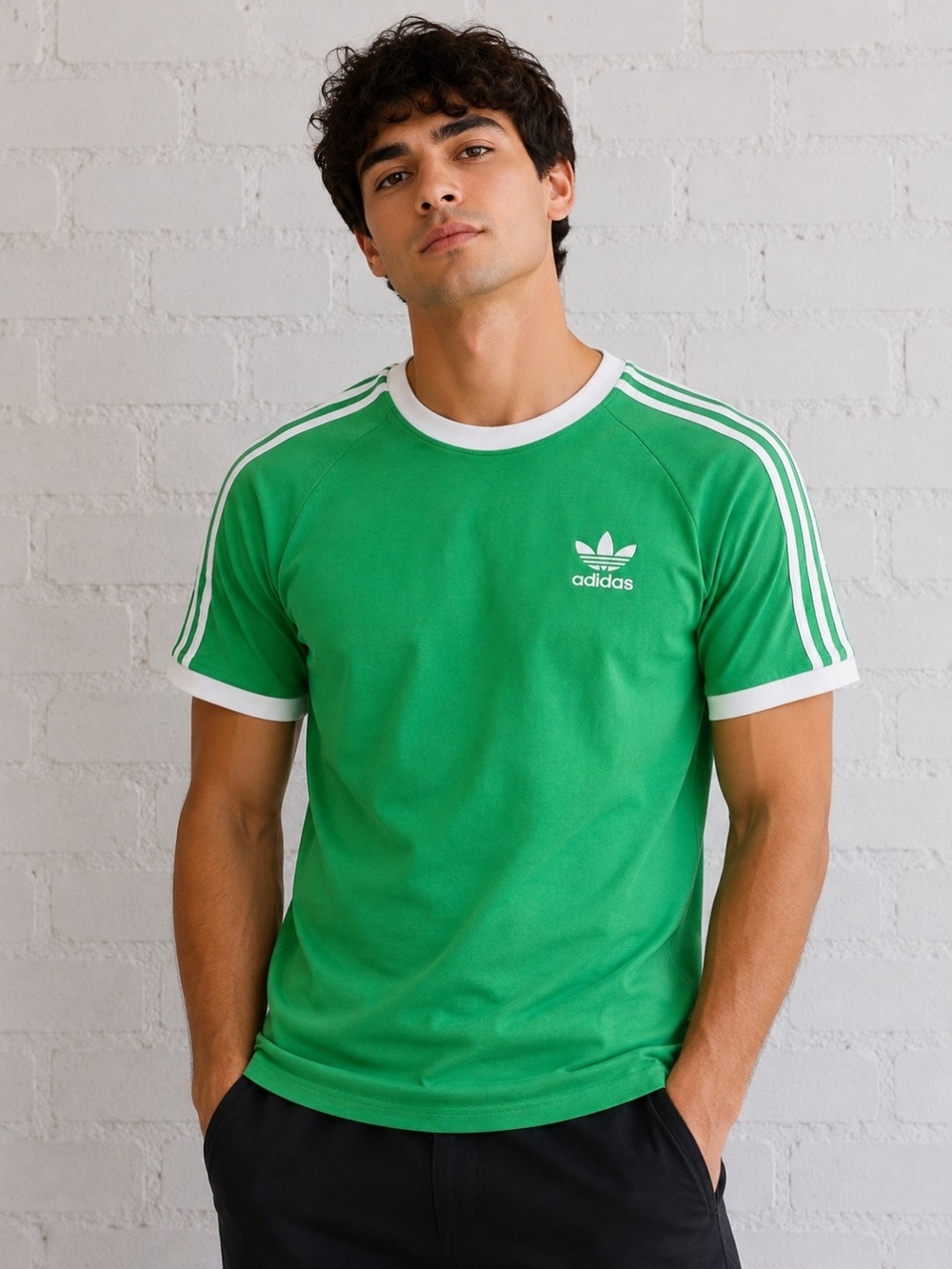 adidas Originals 3-Stripes / Cali-style T-shirt in green and white. Med